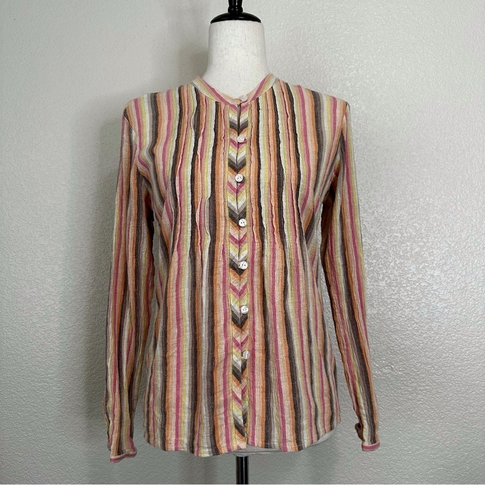 Pendleton Linen Blend Colorful Striped Button Down Long Sleeves Shirt, Sz Small